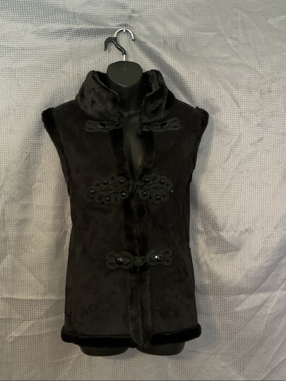 Coldwater Creek Black Faux Fur Vest with Decorative Frog Closures